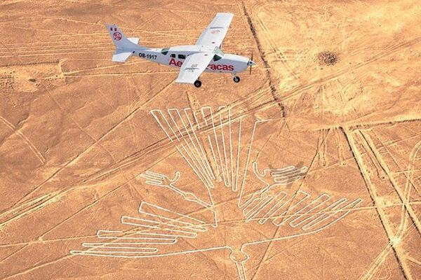 Sobrevuelo de las Líneas de Nasca, figuras geométricas y animales en el desierto de Perú vistas desde un avión.